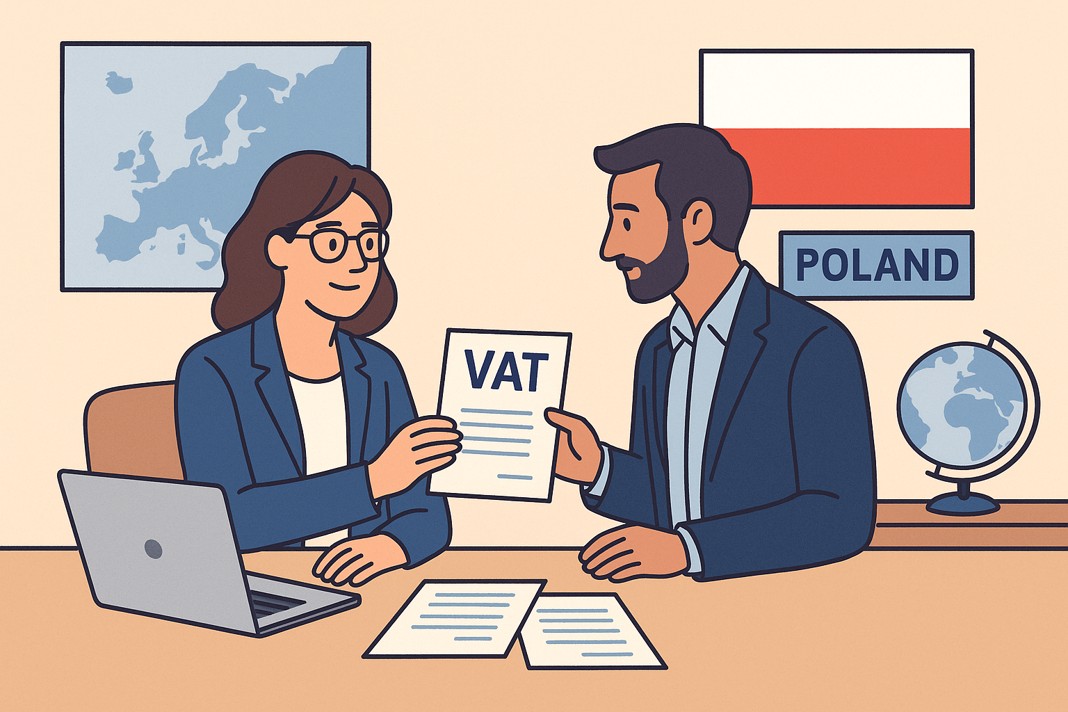 Przedstawiciel podatkowy tłumaczący zasady VAT w polskim biurze rachunkowym zagranicznemu przedsiębiorcy. Na biurku leżą dokumenty VAT, w tle flaga Polski.