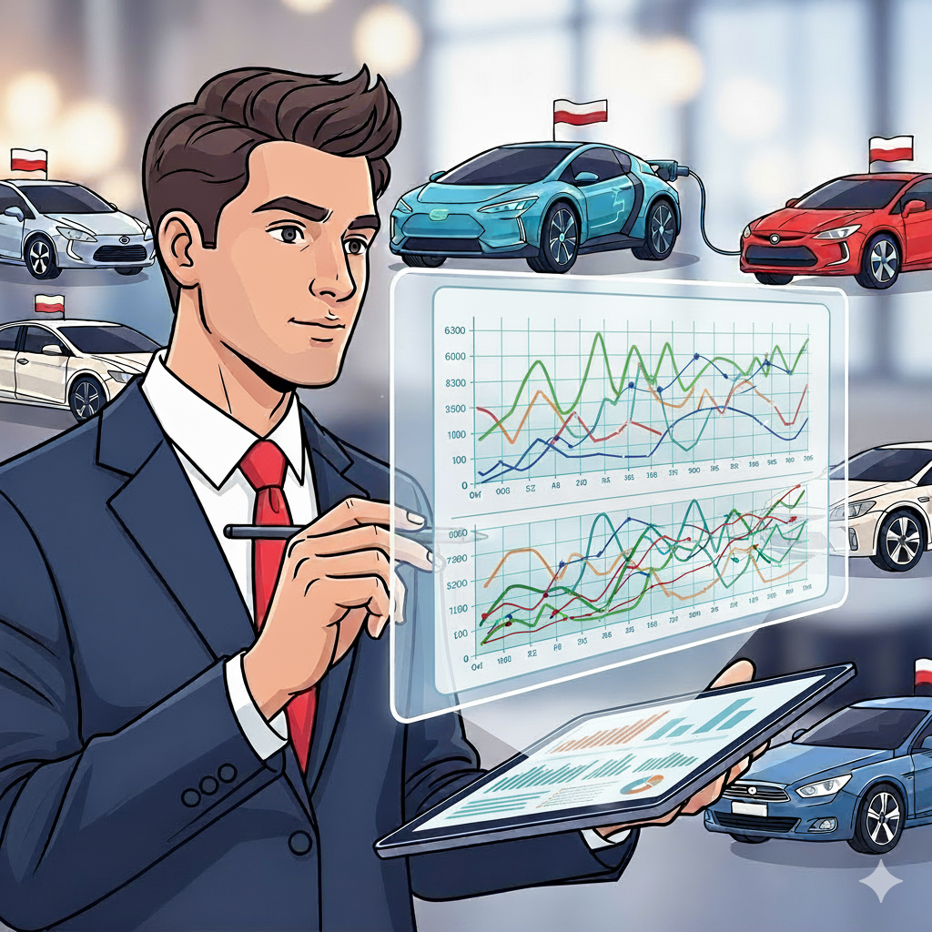Ilustracja: biznesmen z tabletem i rysikiem śledzi wykresy kosztów; w tle auta z polską flagą oraz ładowany samochód elektryczny.