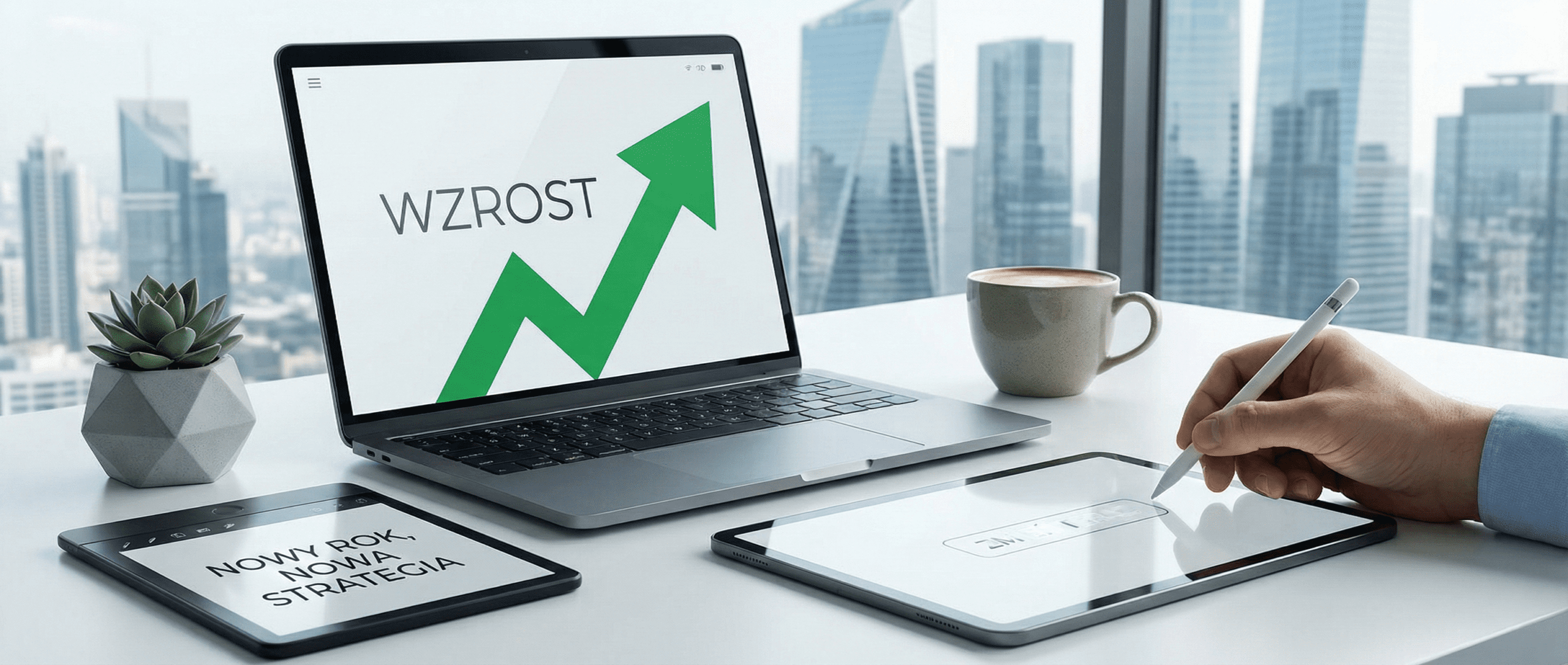 Nowoczesne biurko CEO z laptopem wyświetlającym wykresy wzrostu, tabletem z napisem „ZMIEŃ TERAZ” i notatnikiem „NOWY ROK, NOWA STRATEGIA”